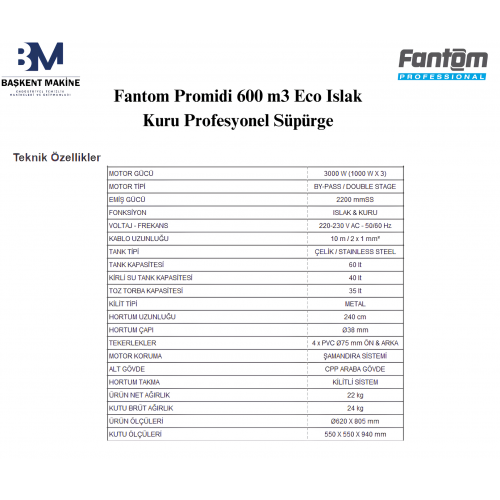 Fantom Promidi 600 m2 Eco Islak Kuru Profesyonel Süpürge